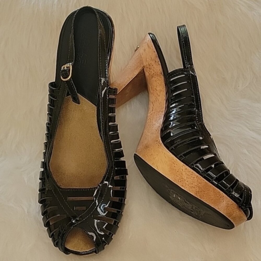 MICHAEL KORS South Side Black Patent Leather Cut Out Peep Toe Sling Back Heel 10